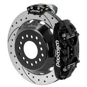 Wilwood black XRS4R / EPB rear caliper with 12.88-inch drilled and slotted rotor, assembled brake view for Big Ford New Style 2.50-inch Offset