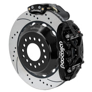 Wilwood black XRS4R / EPB rear caliper with 14.00-inch drilled and slotted rotor, assembled brake view for Big Ford New Style 2.50-inch Offset