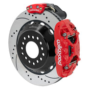 Wilwood red XRS4R / EPB rear caliper with 14.00-inch drilled and slotted rotor, assembled brake view for Big Ford New Style 2.50-inch Offset