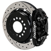 Wilwood black XRS4R rear caliper with 12.88-inch drilled and slotted rotor, assembled brake view for Chevrolet / GMC Large C10 Axle, 2.42-inch Offset