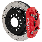 Wilwood red XRS4R rear caliper with 12.88-inch drilled and slotted rotor, assembled brake view for Chevrolet / GMC Large C10 Axle, 2.42-inch Offset