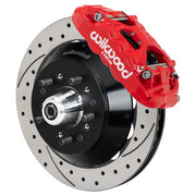 Wilwood red XRS6R front caliper with 12.88-inch drilled and slotted rotor, assembled brake view for Chevrolet / GMC Trucks with Wilwood Iron ProSpindles