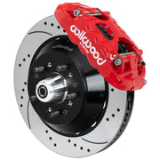 Wilwood red XRS6R front caliper with 14.00-inch drilled and slotted rotor, assembled brake view for Chevrolet / GMC Trucks with Wilwood Iron ProSpindles