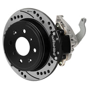 Wilwood black HM7 rear caliper with 9.37-inch drilled and slotted rotor, assembled brake view for Honda Civic / CRX / Civic del Sol Rear Drums