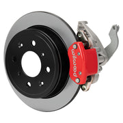 Wilwood red HM7 rear caliper with 9.37-inch plain rotor, assembled brake view for Honda Civic / CRX / Civic del Sol Rear Drums