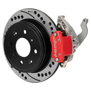 Wilwood red HM7 rear caliper with 9.37-inch drilled and slotted rotor, assembled brake view for Honda / Acura Original Rear Disc Applications