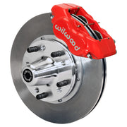 Wilwood red Forged Dynalite Internal front caliper with 11.00-inch plain rotor, assembled brake view for 1955–1957 Chevrolet with Aftermarket Drop Spindles