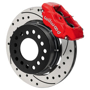 Wilwood red Forged Dynalite Internal front caliper with 11.38-inch drilled and slotted rotor, assembled brake view for Roadster Shop Mustang II Spindles