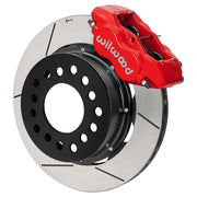 Wilwood red Forged Dynalite Internal front caliper with 11.38-inch slotted rotor, assembled brake view for Roadster Shop Mustang II Spindles