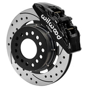 Wilwood black Dynapro 6 front caliper with 12.19-inch drilled and slotted rotor, assembled brake view for Roadster Shop Mustang II Spindles