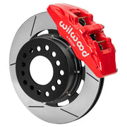 Wilwood red Dynapro 6 front caliper with 12.19-inch slotted rotor, assembled brake view for Roadster Shop Mustang II Spindles