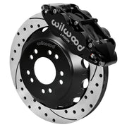Wilwood black FNSL6R front caliper with 12.88-inch drilled and slotted rotor, assembled brake view for Roadster Shop Mustang II Spindles