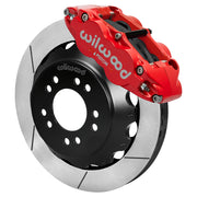 Wilwood red FNSL6R front caliper with 12.88-inch slotted rotor, assembled brake view for Roadster Shop Mustang II Spindles