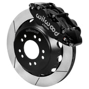 Wilwood black FNSL6R front caliper with 12.88-inch slotted rotor, assembled brake view for Roadster Shop Mustang II Spindles