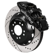 Wilwood black AERO6 front caliper with 14.00-inch drilled and slotted rotor, assembled brake view for Roadster Shop Mustang II Spindles