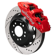 Wilwood red AERO6 front caliper with 14.00-inch drilled and slotted rotor, assembled brake view for Roadster Shop Mustang II Spindles