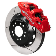 Wilwood red AERO6 front caliper with 14.00-inch slotted rotor, assembled brake view for Roadster Shop Mustang II Spindles