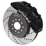 Wilwood black SX6R front caliper with 15.00-inch drilled and slotted rotor, assembled brake view for Roadster Shop Mustang II Spindles
