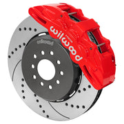 Wilwood red SX6R front caliper with 15.00-inch drilled and slotted rotor, assembled brake view for Roadster Shop Mustang II Spindles
