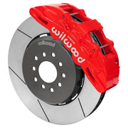 Wilwood red SX6R front caliper with 15.00-inch slotted rotor, assembled brake view for Roadster Shop Mustang II Spindles
