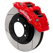 Assembled Wilwood front AERO6-DM caliper and rotor assembly for Toyota Tacoma, GT-slotted rotor and red powder coat caliper