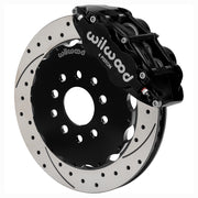 Assembled Wilwood front FNSL6R caliper and rotor assembly for Chevrolet Corvette C7, SRP drilled and slotted rotor and black powder coat caliper
