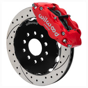 Assembled Wilwood front FNSL6R caliper and rotor assembly for Chevrolet Corvette C7, SRP drilled and slotted rotor and red powder coat caliper