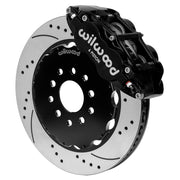 Assembled Wilwood front FNSL6R caliper and rotor assembly for Chevrolet Corvette C7, SRP drilled and slotted rotor and black powder coat caliper