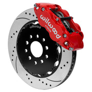 Assembled Wilwood front FNSL6R caliper and rotor assembly for Chevrolet Corvette C7, SRP drilled and slotted rotor and red powder coat caliper