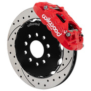 Assembled Wilwood front XRS6R caliper and rotor assembly for Chevrolet Corvette C7, SRP drilled and slotted rotor and red powder coat caliper