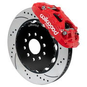 Assembled Wilwood front XRS6R caliper and rotor assembly for Chevrolet Corvette C7, SRP drilled and slotted rotor and red powder coat caliper