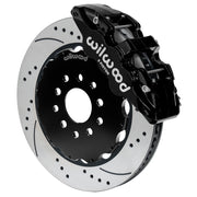 Assembled Wilwood front AERO6 caliper and rotor assembly for Chevrolet Corvette C7, SRP drilled and slotted rotor and black powder coat caliper
