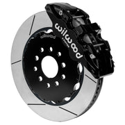 Assembled Wilwood front AERO6 caliper and rotor assembly for Chevrolet Corvette C7, GT-slotted rotor and black powder coat caliper