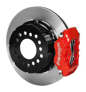 Assembled Wilwood rear Dynalite Pro Series caliper and rotor assembly for Oldsmobile/Pontiac Housing Ends, plain face rotor and red powder coat caliper