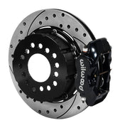Assembled Wilwood rear Dynalite Pro Series caliper and rotor assembly for Big Ford Housing Ends, 2.54-Inch Offset, SRP drilled and slotted rotor and black powder coat caliper