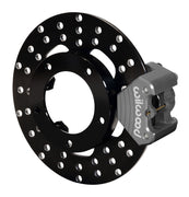 Assembled Wilwood front Dynalite Single Floater caliper and rotor assembly for P&S Spindle-Mount Wheels, drilled rotor and Type III anodized caliper