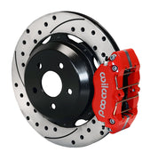 Wilwood Subaru Impreza / Forester and Saab 9-2X Rear Disc & Parking-Brake Kit — Red Dynapro, 12.19-inch SRP Drilled/Slotted components — product view 2