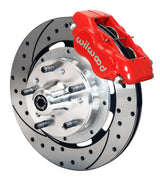 Wilwood red Dynalite caliper and 12.19-inch srp drilled and slotted rotor for GM 11-Inch-Rotor Spindles, assembled front view