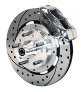 Wilwood polish Dynalite caliper and 12.19-inch srp drilled and slotted rotor for Ford Drum-Brake Spindles, assembled front view
