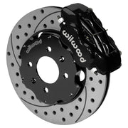 Representative assembled Wilwood black Dynalite caliper and srp drilled and slotted rotor; hat drilling differs from the four-lug Honda kit