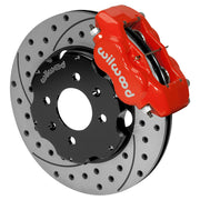 Representative assembled Wilwood red Dynalite caliper and srp drilled and slotted rotor; hat drilling differs from the four-lug Honda kit