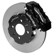 Representative assembled Wilwood black Dynalite caliper and plain face rotor; hat drilling differs from the four-lug Honda kit