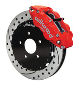Wilwood red Superlite 6R caliper and 14-inch srp drilled and slotted rotor for Corvette C5/C6, XLR & Ridetech-Hub GM applications, assembled front view