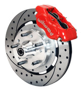 Wilwood red Dynalite caliper and 12.19-inch srp drilled and slotted rotor for GM 11-Inch-Rotor Disc Spindles, assembled front view