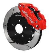 Wilwood red Superlite 6R caliper and 12.88-inch gt slotted rotor for Ford Mustang Five-Lug Spindles, assembled front view