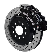 Wilwood black Superlite 6R caliper and 14-inch srp drilled and slotted rotor for Ford Mustang, assembled front view