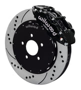 Wilwood black Superlite 6R caliper and 14-inch srp drilled and slotted rotor for Ford Mustang Five-Lug Spindles, assembled front view