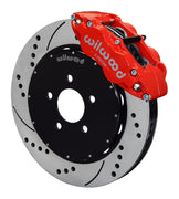 Wilwood red Superlite 6R caliper and 14-inch srp drilled and slotted rotor for Ford Mustang Five-Lug Spindles, assembled front view