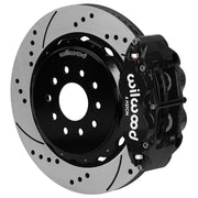 Wilwood black Superlite 4R caliper and 14-inch srp drilled and slotted rotor for Chevrolet Corvette C5/C6 & Cadillac XLR, assembled rear view
