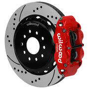 Wilwood red Superlite 4R caliper and 14-inch srp drilled and slotted rotor for Chevrolet Corvette C5/C6 & Cadillac XLR, assembled rear view